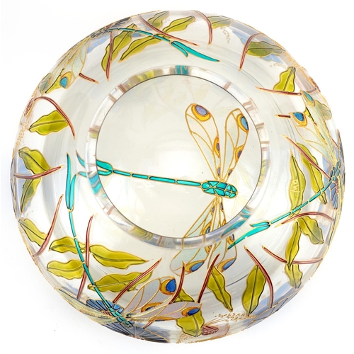 1381 - Double walled art glass bowl hand painted with dragonflies amongst flowers, 25.5cm in diameter