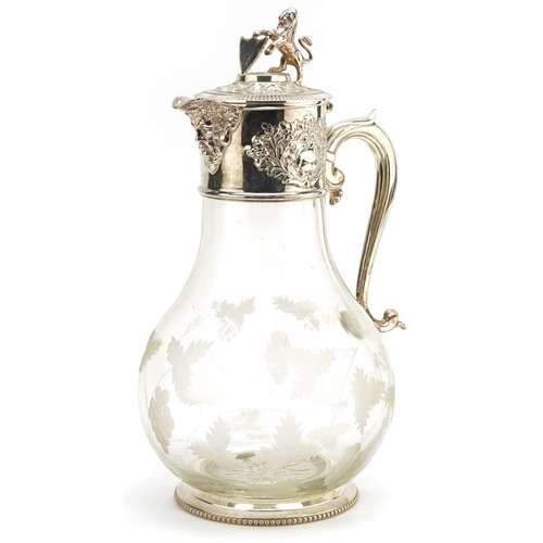 466 - 19th century style glass jug with silver plated mounts acid etched with grapes and vines, 30cm high