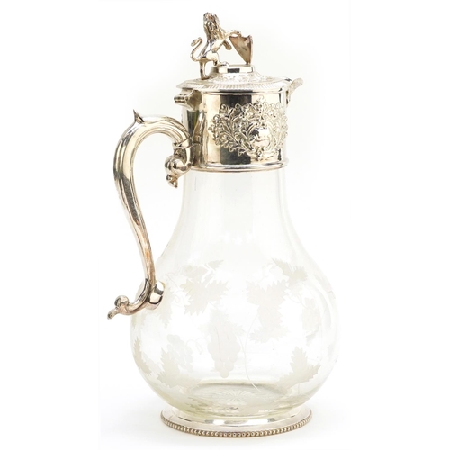 466 - 19th century style glass jug with silver plated mounts acid etched with grapes and vines, 30cm high