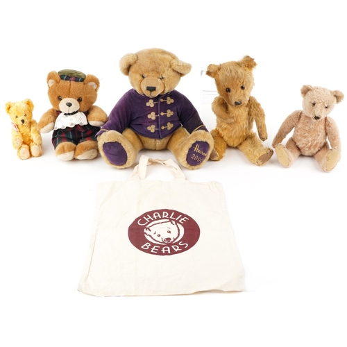 1613 - Five vintage and later teddy bears comprising three with jointed limbs and two Harrods examples, the... 