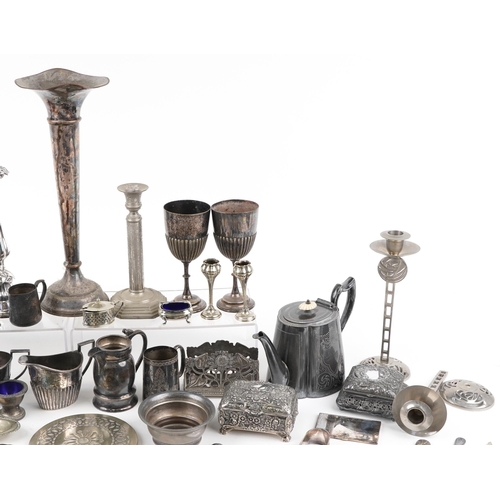 1391 - Silver plate and metalware including pair of candlesticks, teapots and flatware