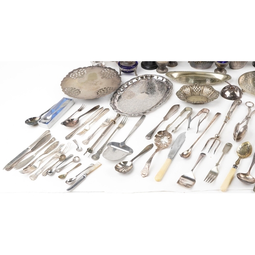 1391 - Silver plate and metalware including pair of candlesticks, teapots and flatware