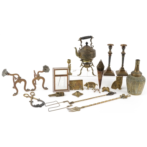 1390 - Antique and later metalware including a Chinaman candlestick, pair of antique brass candlesticks and... 