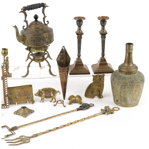 1390 - Antique and later metalware including a Chinaman candlestick, pair of antique brass candlesticks and... 