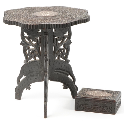 1309 - Anglo Indian carved hardwood table and a similar box with hinged lid, the largest 40cm high x 38cm i... 