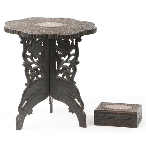 1309 - Anglo Indian carved hardwood table and a similar box with hinged lid, the largest 40cm high x 38cm i... 