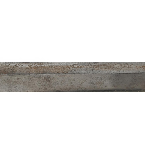 664 - French military interest St Etienne pattern bayonet with scabbard, 71.5cm in length