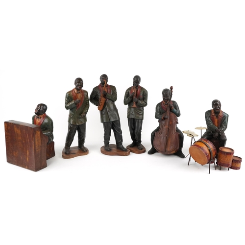 1132 - Large vintage hand painted fibreglass five piece jazz band including drummer and pianist, 55cm high