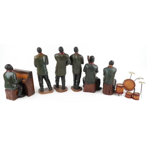 1132 - Large vintage hand painted fibreglass five piece jazz band including drummer and pianist, 55cm high