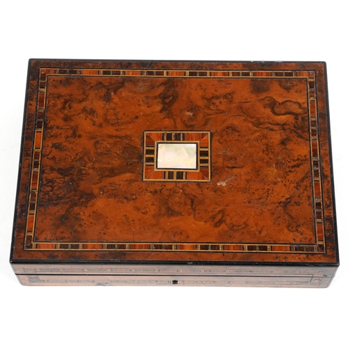 109 - 19th century European inlaid card box with fitted interior, 5cm H x 22.5cm W x 16.5cm D