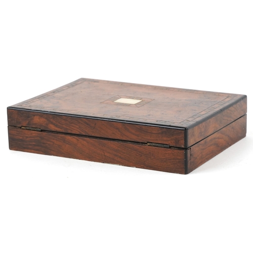 109 - 19th century European inlaid card box with fitted interior, 5cm H x 22.5cm W x 16.5cm D