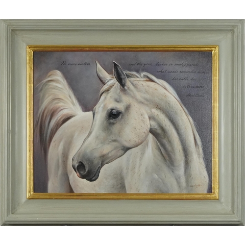 226 - Sarah Aspinall - White horse, equestrian interest oil on canvas, mounted and framed, 48.5cm x 38.5cm... 