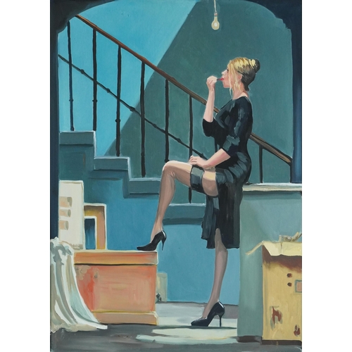 1264 - Clive Fredriksson after Jack Vettriano - Pin-up female in an interior, contemporary oil on board, fr... 