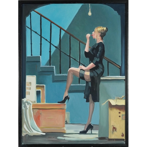 1264 - Clive Fredriksson after Jack Vettriano - Pin-up female in an interior, contemporary oil on board, fr... 