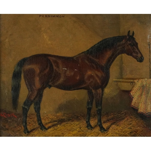 227 - Albert Clark - Persimmon, bay racehorse in a stable, 19th century oil on canvas, mounted and framed,... 