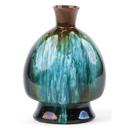 43 - Christopher Dresser for Linthorpe, Arts and crafts vase having a brown and green mottled glaze incis... 
