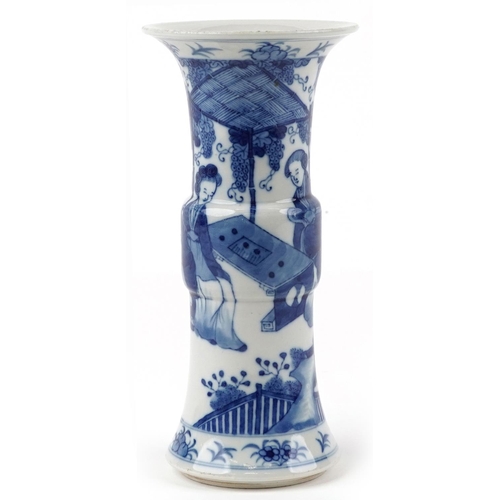 162 - Chinese blue and white porcelain Gu beaker vase hand painted with two females playing in a palace se... 