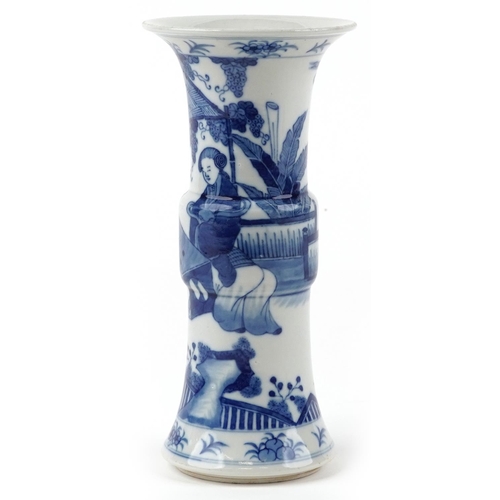 162 - Chinese blue and white porcelain Gu beaker vase hand painted with two females playing in a palace se... 