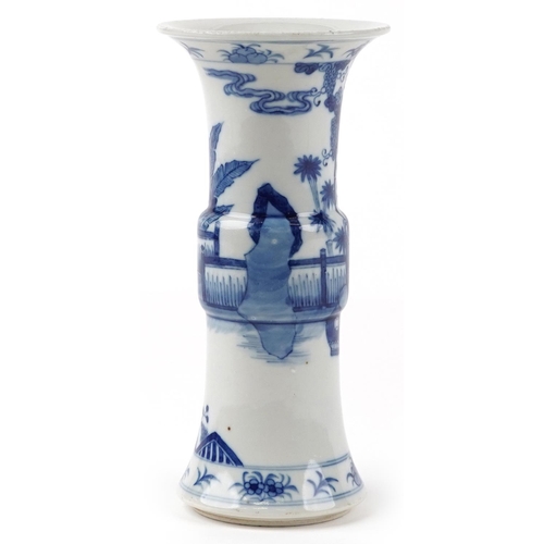 162 - Chinese blue and white porcelain Gu beaker vase hand painted with two females playing in a palace se... 