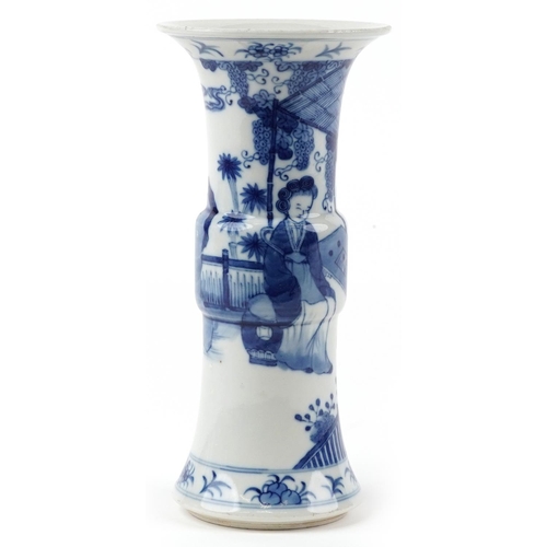 162 - Chinese blue and white porcelain Gu beaker vase hand painted with two females playing in a palace se... 