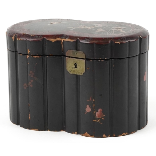 290 - Japanese lacquered tea caddy with twin divisional interior gilded with birds amongst aquatic plants,... 