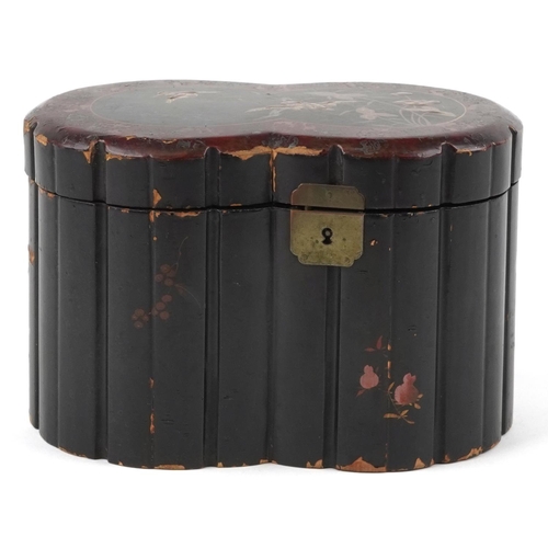 290 - Japanese lacquered tea caddy with twin divisional interior gilded with birds amongst aquatic plants,... 