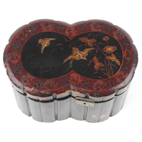 290 - Japanese lacquered tea caddy with twin divisional interior gilded with birds amongst aquatic plants,... 