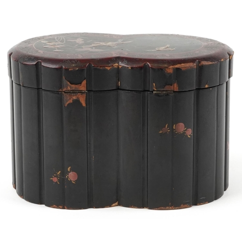 290 - Japanese lacquered tea caddy with twin divisional interior gilded with birds amongst aquatic plants,... 