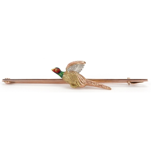 2044 - 9ct gold platinum and enamel bar brooch in the form of a pheasant, 6cm wide, 3.4g