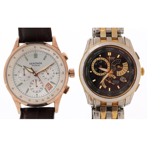 2724 - Two gentlemen's chronograph quartz wristwatches comprising Citizen Eco Drive WR100 with perpetual ca... 