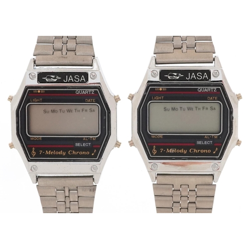 2715 - Jasa, two vintage Jasa 7-Melody Chrono digital wristwatches with boxes, each 32mm wide