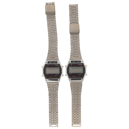 2715 - Jasa, two vintage Jasa 7-Melody Chrono digital wristwatches with boxes, each 32mm wide