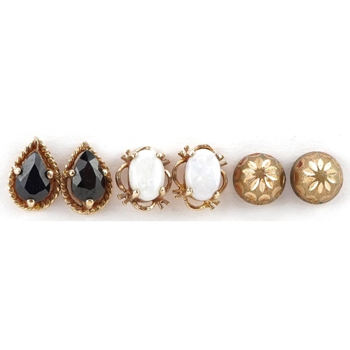 2665 - Three pairs of 9ct gold stud earrings including opal cabochons and sapphire teardrops, the largest 9... 