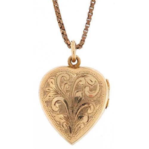 2195 - 9ct gold floral engraved love heart locket and a broken 9ct gold box link necklace, the locket 2.2cm... 