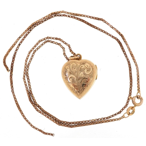 2195 - 9ct gold floral engraved love heart locket and a broken 9ct gold box link necklace, the locket 2.2cm... 