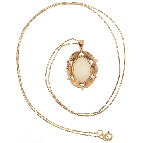 2146 - 9ct gold cabochon opal pendant on a 9ct gold necklace, 2.3cm high and 47cm in length, 2.4g