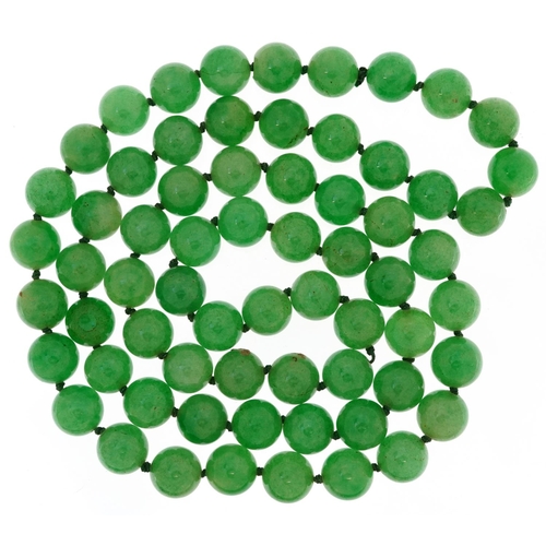 2053 - Chinese green jade bead necklace, each bead 12mm in diameter, overall 90cm in length, 159.2g