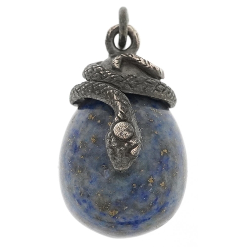 2621 - Lapis lazuli egg pendant mounted with a silver serpent, impressed 84 to the back, 2.8cm high, 14.1g