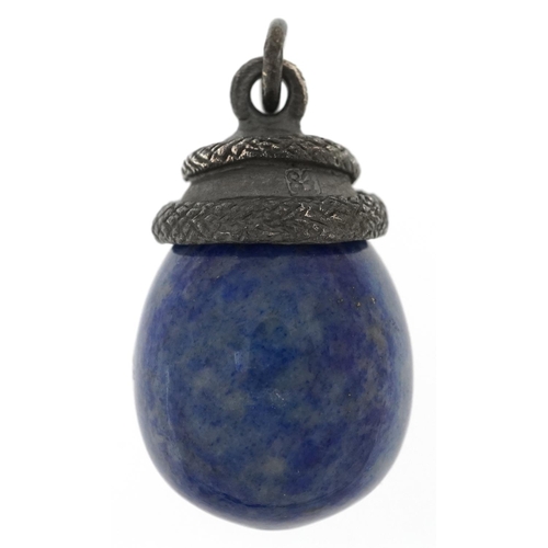 2621 - Lapis lazuli egg pendant mounted with a silver serpent, impressed 84 to the back, 2.8cm high, 14.1g