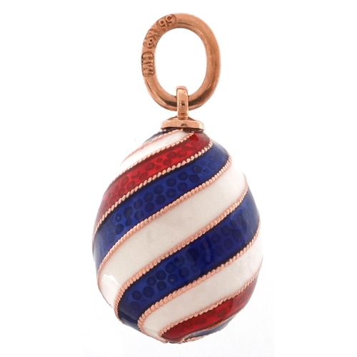 2496 - 14ct gold red, white and blue enamel egg pendant, impressed Russian marks to the suspension loop, 2.... 