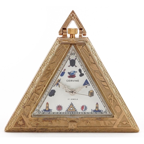 2700 - Masonic interest silver gilt triangular pocket watch, 5cm high, 50.4g