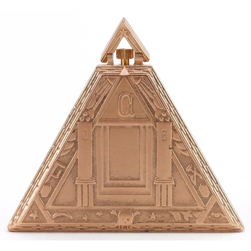 2700 - Masonic interest silver gilt triangular pocket watch, 5cm high, 50.4g