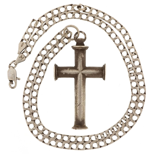 2573 - Large silver cross pendant on a silver necklace, 5.5cm high and 54cm in length, 30.8g