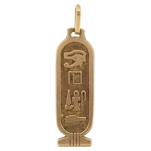 2560 - Egyptian Revival 9ct gold pendant cast with hieroglyphics, 3.5cm high, 1.6g