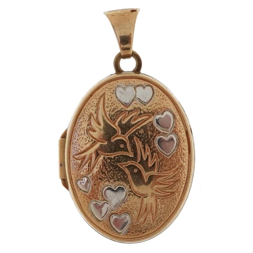 2280 - 9ct two tone gold locket engraved with birds, I Love You message to the interior, 2.8cm high, 2.5g