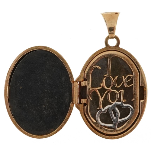 2280 - 9ct two tone gold locket engraved with birds, I Love You message to the interior, 2.8cm high, 2.5g