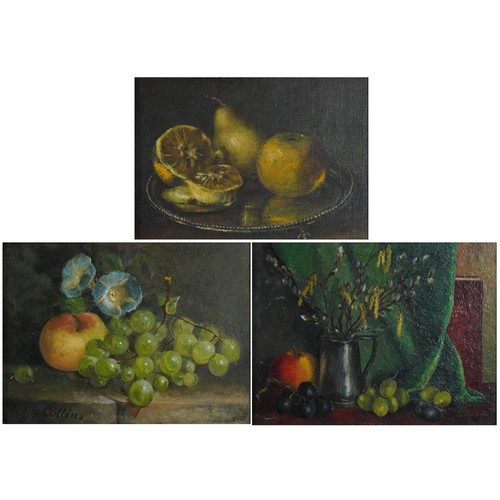 1378 - Still life fruit and vessels, three oil on boards, signed F Collins, T H Walker and V A Gray, each f... 