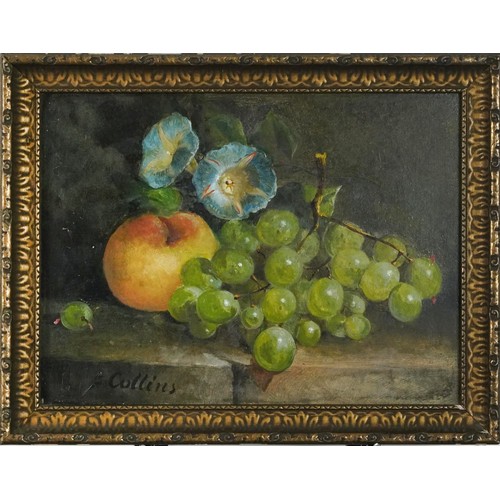 1378 - Still life fruit and vessels, three oil on boards, signed F Collins, T H Walker and V A Gray, each f... 