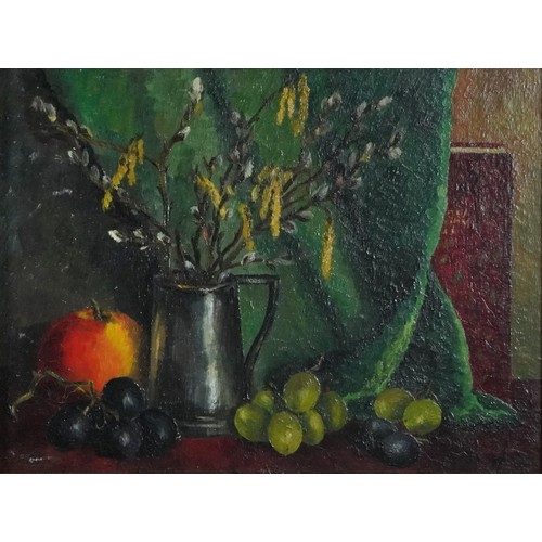 1378 - Still life fruit and vessels, three oil on boards, signed F Collins, T H Walker and V A Gray, each f... 