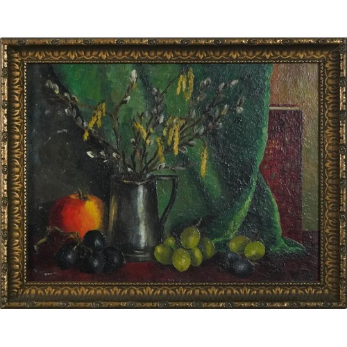 1378 - Still life fruit and vessels, three oil on boards, signed F Collins, T H Walker and V A Gray, each f... 